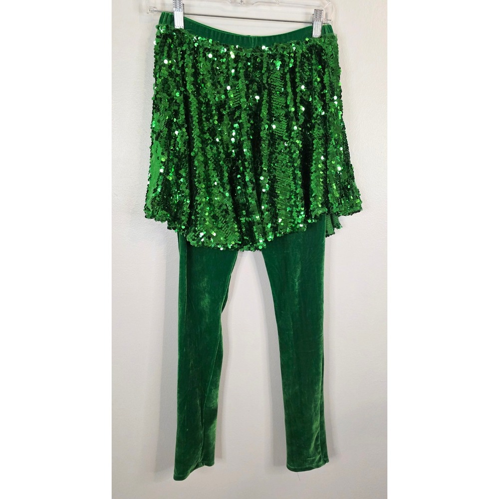 Candy Bean Girls Green Velvet Leggings with Attached Sequin Skirt Size 16